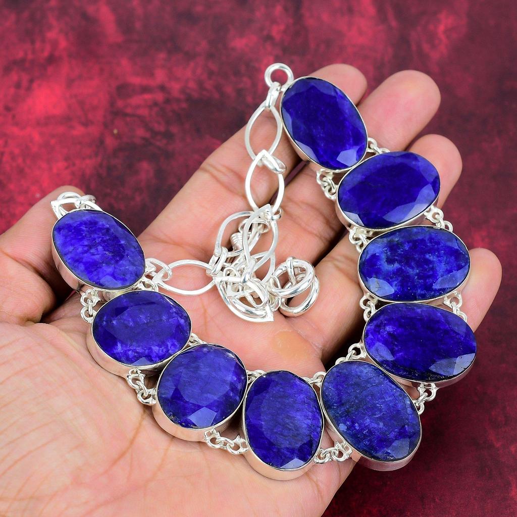 Burmese Blue Sapphire 925 Solid Sterling Silver Necklace Brand New Jewelry, Adjustable Chain Necklace Gemstone Handmade Jewelry