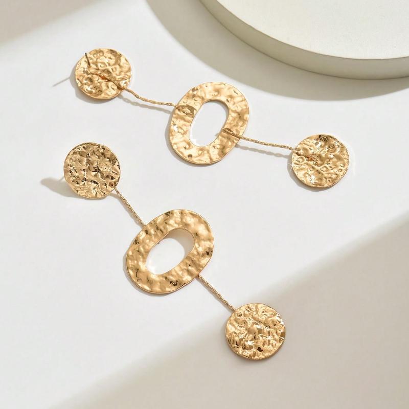 Bohemian Retro Gold Color Pleated Geometric Pendant Earrings, Women's Personalized Trendy Holiday Party Accessories Gifts