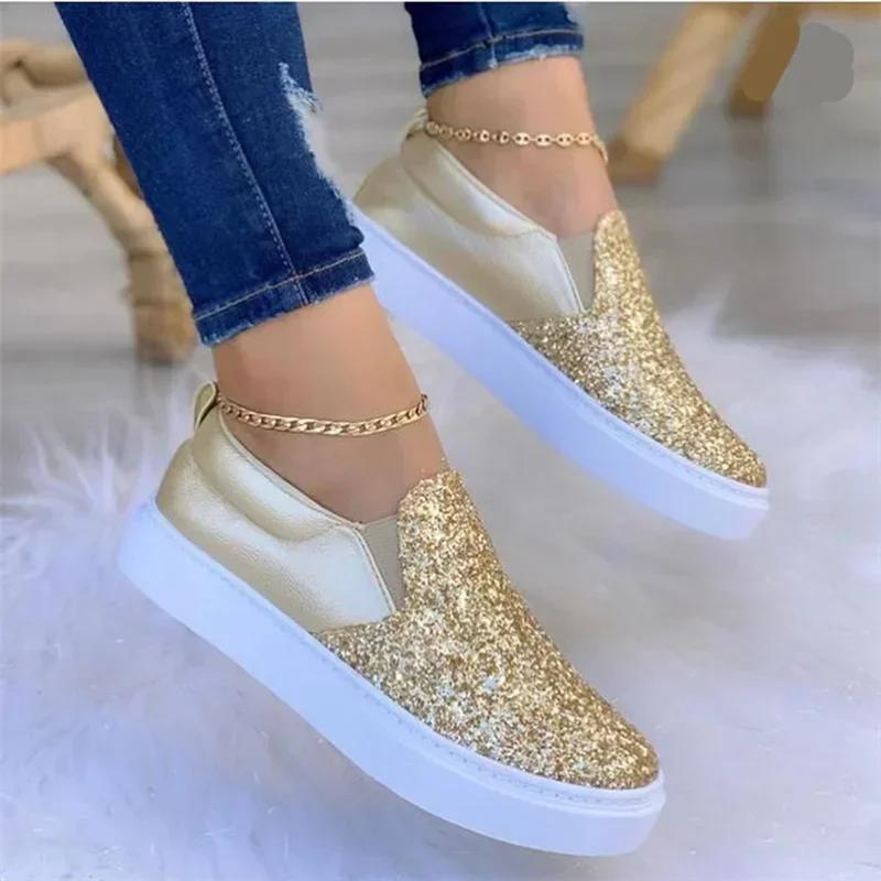 Women Shoes Crystal Slip On Flat Spring Loafers Ladies Autumn Glitter Platform Fashion Moccasins Sneakers Tennis Female Slip-On