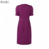 ZANZEA Women Casual V-Neck Solid Color Summer Short Sleeve Dress