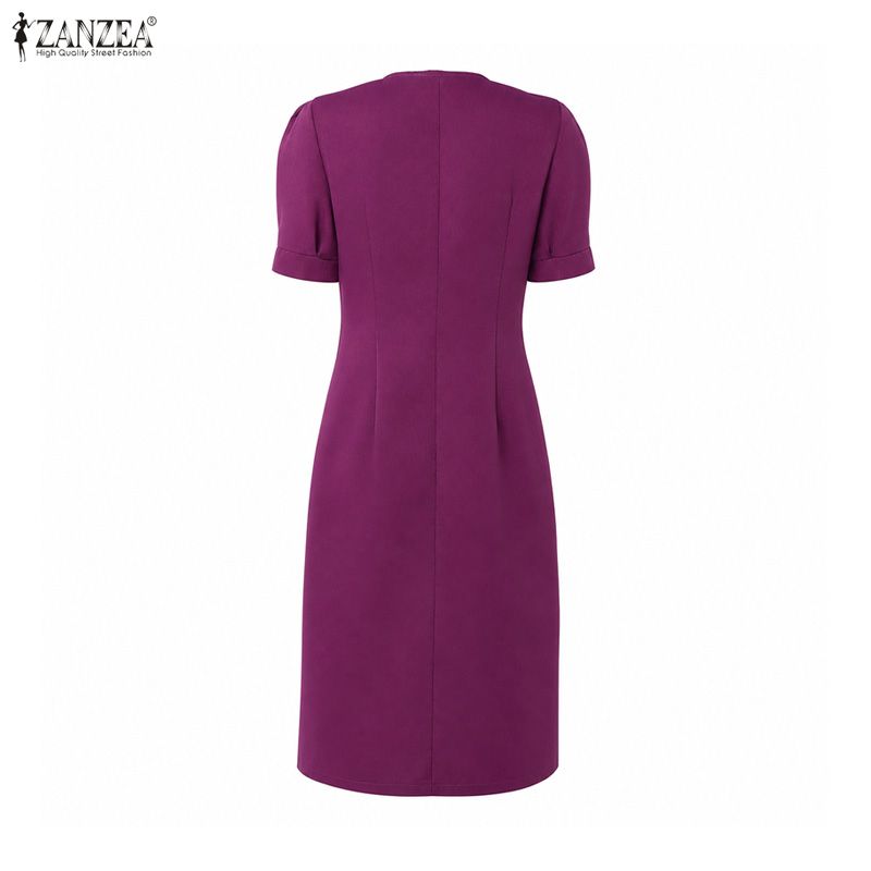ZANZEA Women Casual V-Neck Solid Color Summer Short Sleeve Dress