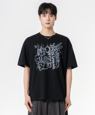 MOZMOZ Ink Print Double Weave Short Sleeve T-Shirt Black