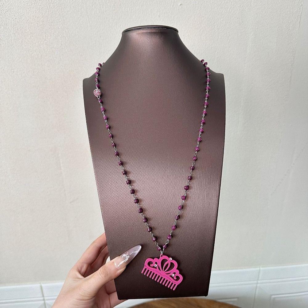 Long Chain Comb Pendant Necklace Rhinestone Decor Acetate Necklace For Girls