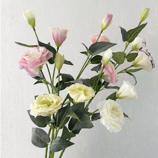 3 Heads Artificial Flower Bouquet Faux Silk Eustoma Lisianthus Flower with Long Stem Fake Floral Arrangement for DIY Wedding Bouquet