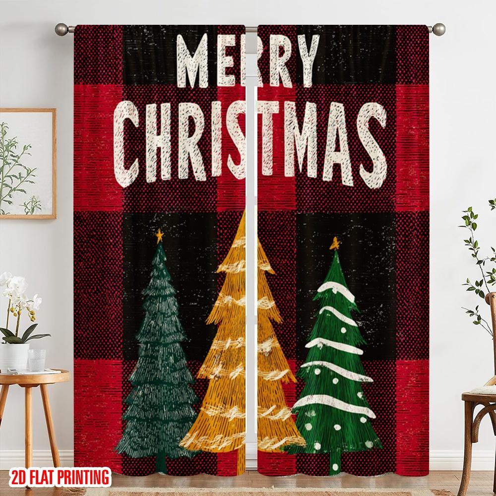 2pcs,2D Plane Printing Minimalist Curtains Winter Christmas Tree1 Versatile Polyester Fabric (without Rod) Decorations Inside