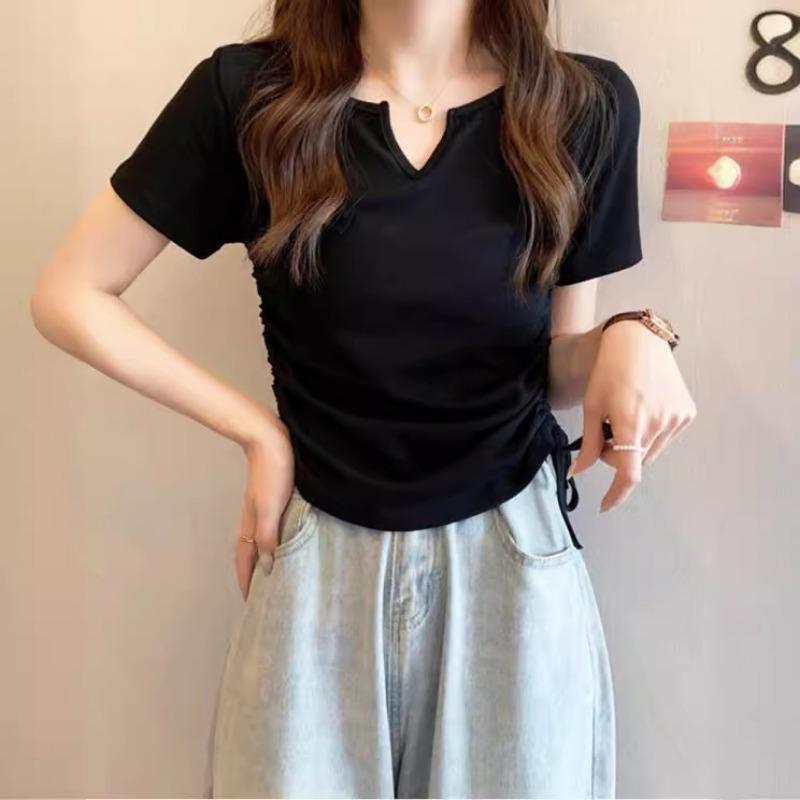 

Designed V-neck Drawstring Slim Fit Pure Lust Style Short-sleeved Summer New Solid Color Student Top Trend M