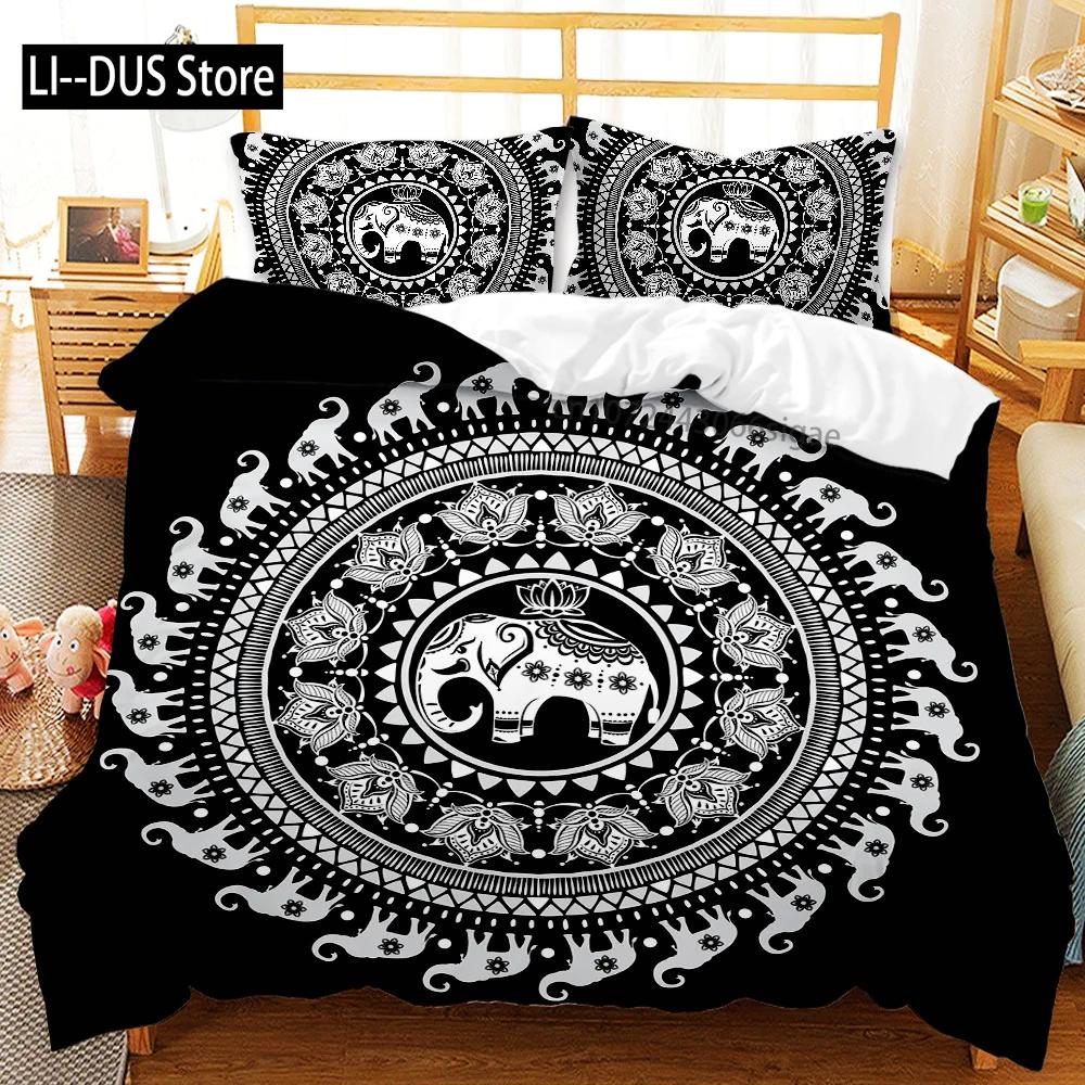 Black Bedding Set 3 Piece Bohemian Duvet Cover Queen King Polyester Mandala Elephant Boho Chic Quilt Cover for Adults Boys Girls