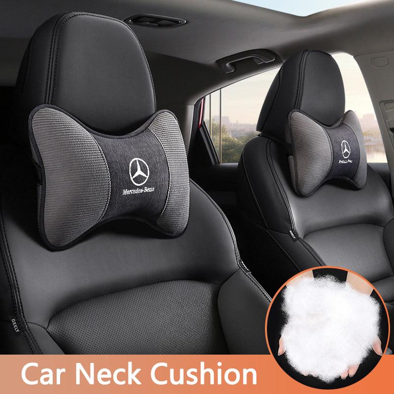 LJX1 2PC Car Seat Neck Pillow Leather Headrest Lumbar Waist Support Breathable For Mercedes Benz AMG W205 W204 W203 W210 W222 CLK GLA