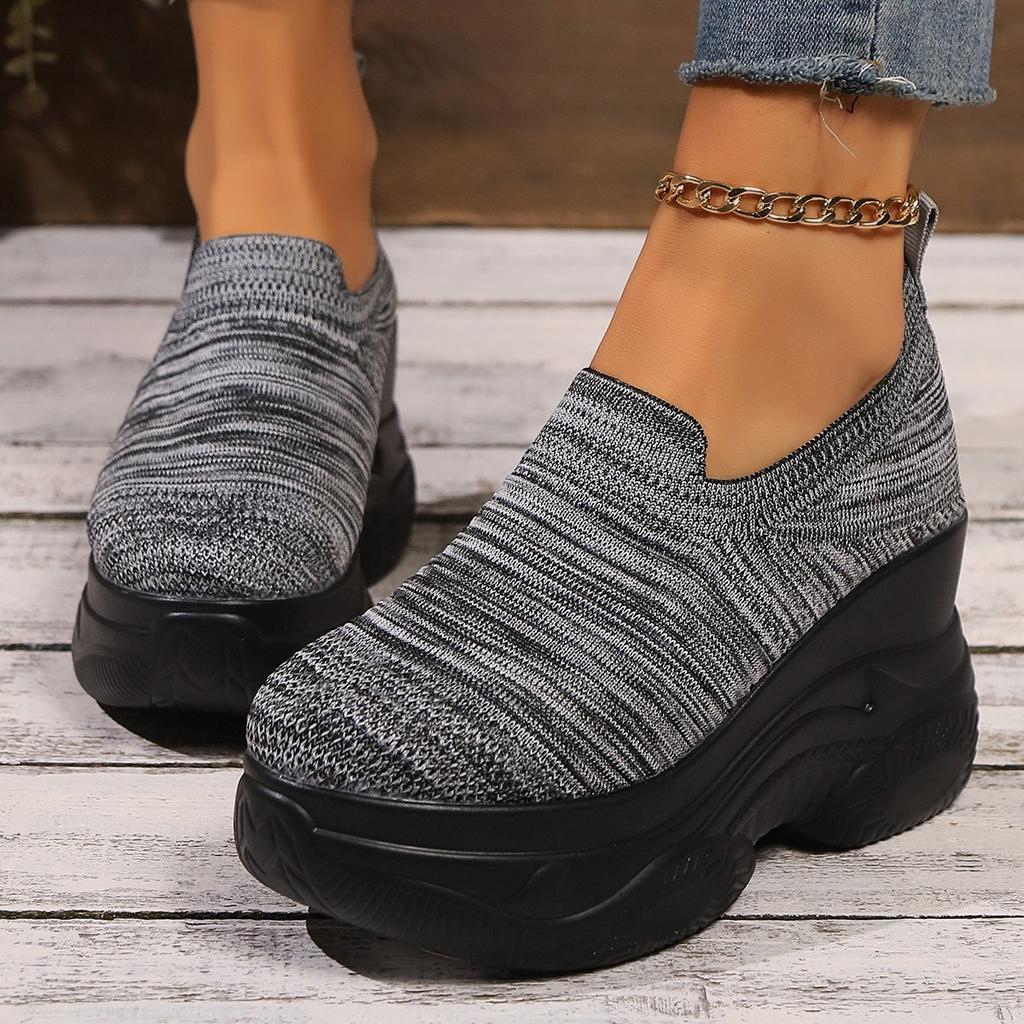 Heightening Thick Sole Fashionable Ladies Shoes  Autumn New Black Mesh Breathable Casual Slip-on Women's Vulcanized Shoes