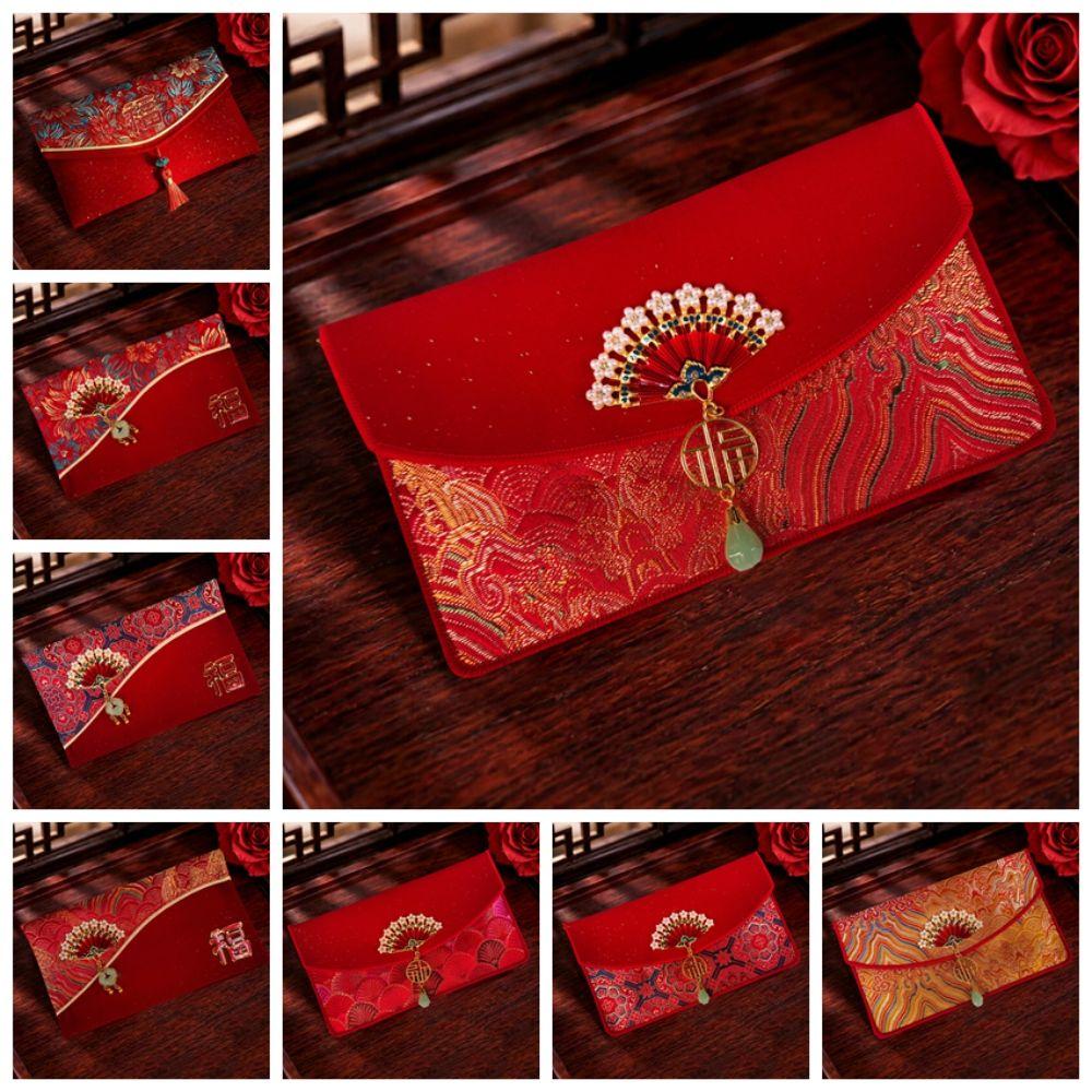 Premium Brocade Red Envelopes Exquisite Tassel Elegant Fan Decor Spring Festival Hongbao Soft Texture Reusable Cloth