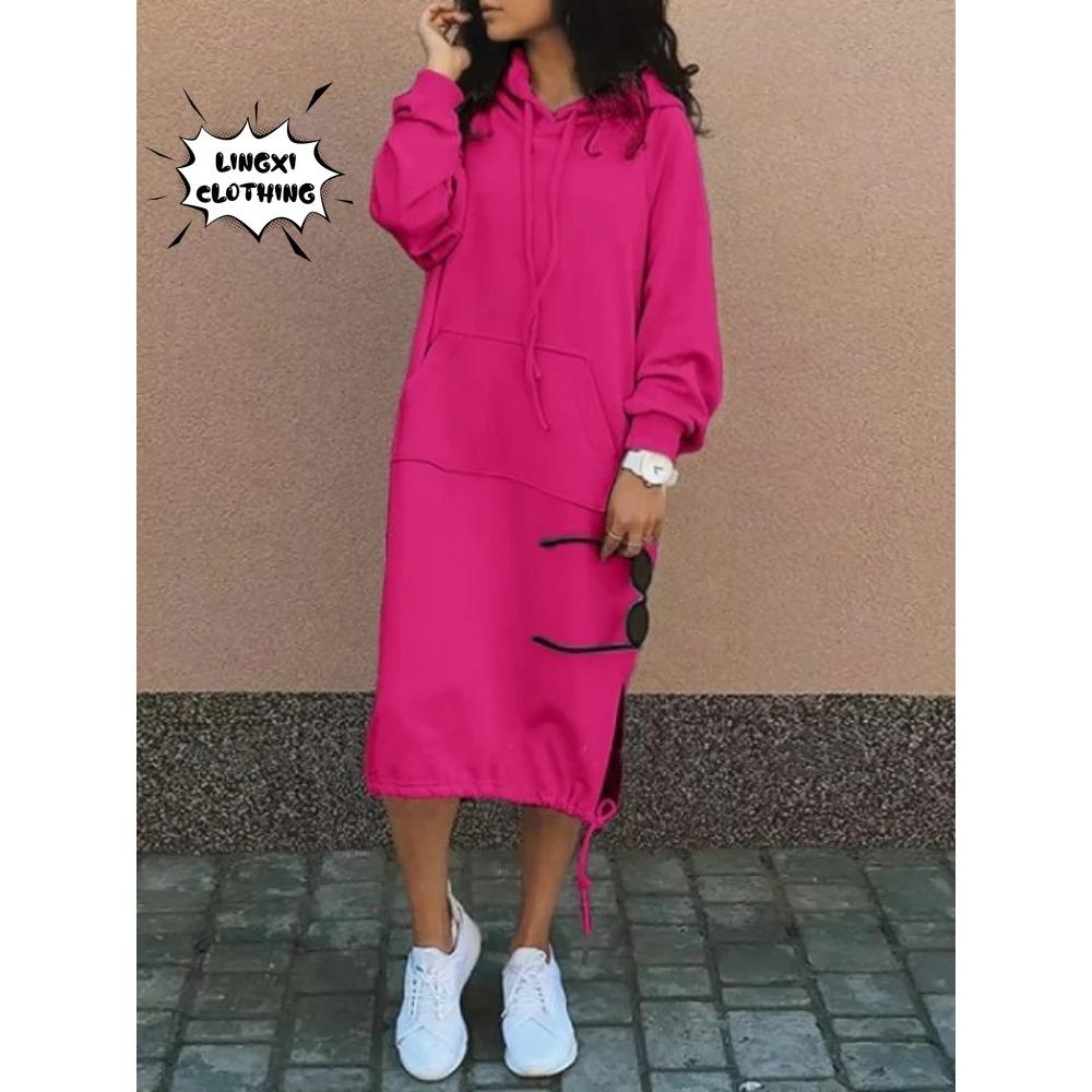Autumn and Winter Fashion New Women's Sweater Robe Large Hooded Elegant Pocket Split Warm Hoodie Long Dress