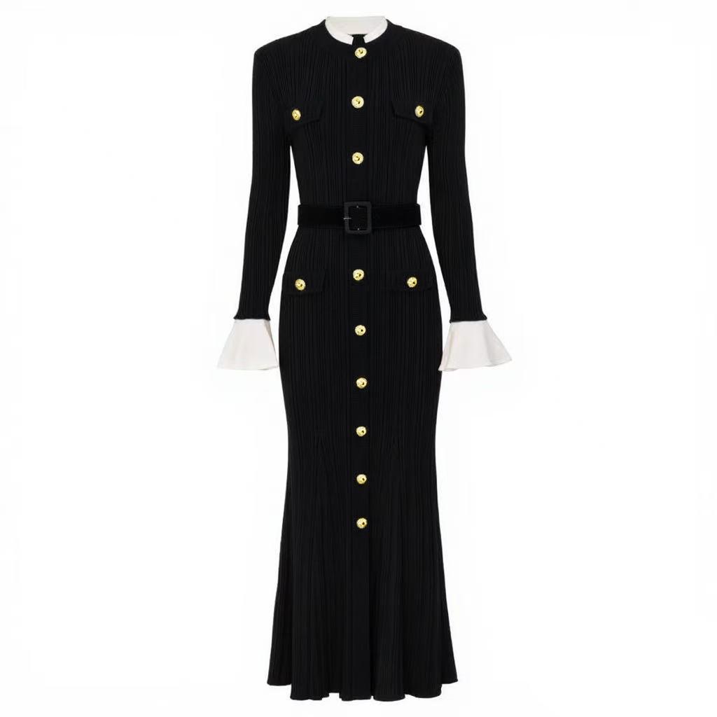 Quality Spot Spring and Autumn New Long Sleeve Crew Neck Belt Knitted Versatile Slim Skinny Long Dress 25144