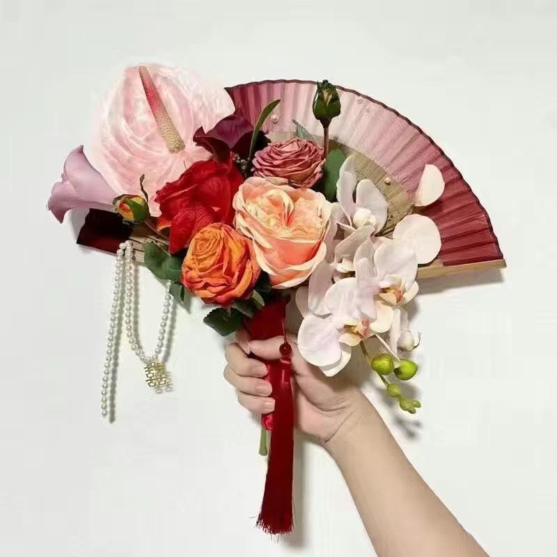 New Chinese Style Bride Folding Fan Bouquet for Engagement or Robe Accessory