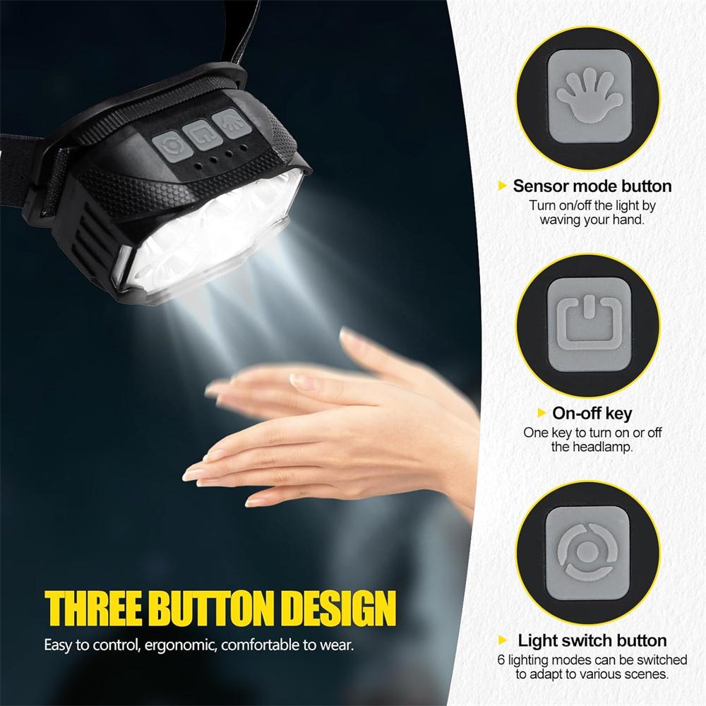 1200 Lumen Head Lamp Motion Sensor Headlamp Rechargeable LED Headlight Red Light 6 Modes Waterproof Lightweight Head Flashlight
