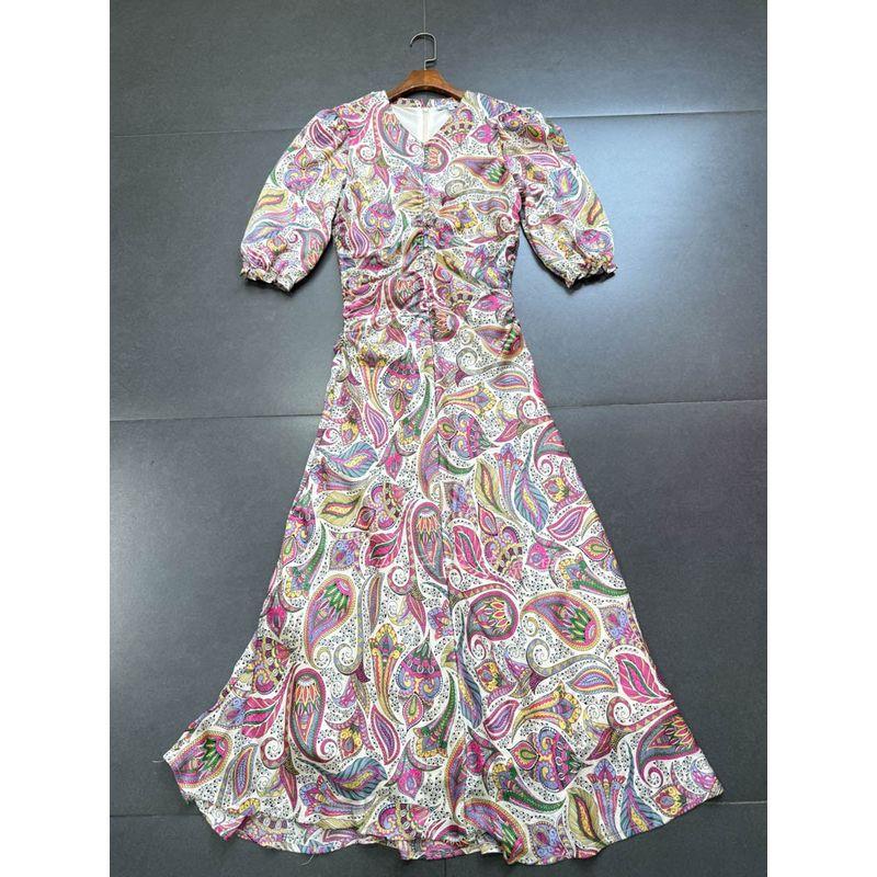 Foreign Trade Order Retro Palace Style Peach Heart Collar Paisley Waist Hugging Pleat Dress Slimming Long dress
