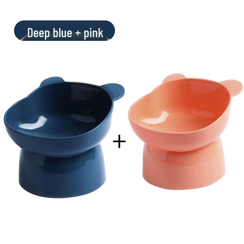Pet Cat Bowl with Slanted Mouth and Anti-Overturn Design, High Foot, Elephant Leg Neck Protection, Cute Plastic, Four Colors.