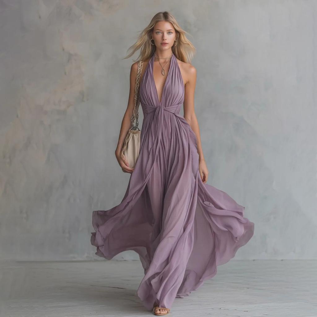 Loose Fit Vacation Maxi Dress V Neck Sleeveless Halter Neck Long Flowing Dress Casual Summer Beachwear