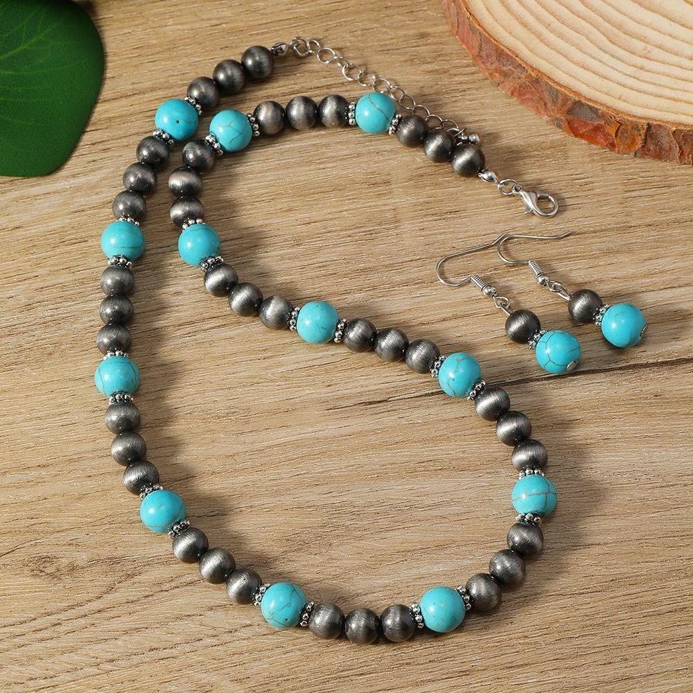 2PCS Turquoise Navajo Necklaces Bead Bohemian Style Earrings Classic Beach Chokers  Gift