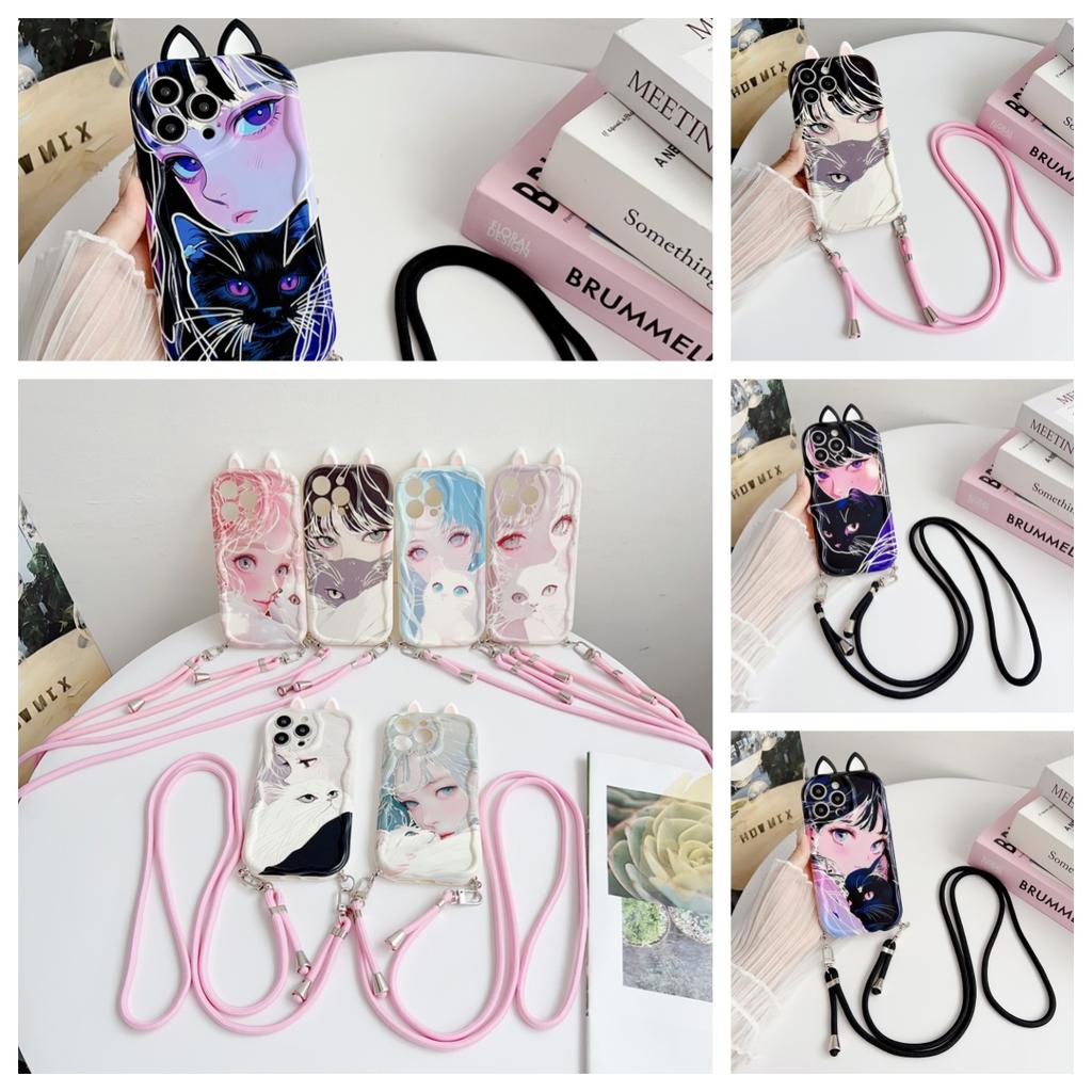 For VIVO V21E V25 E V30E V29 V40 SE Lite Vivo X100 S Ultra X200 Pro MINI Crossbody Strap Cartoon Cat Girl Phone Case Ears Cute