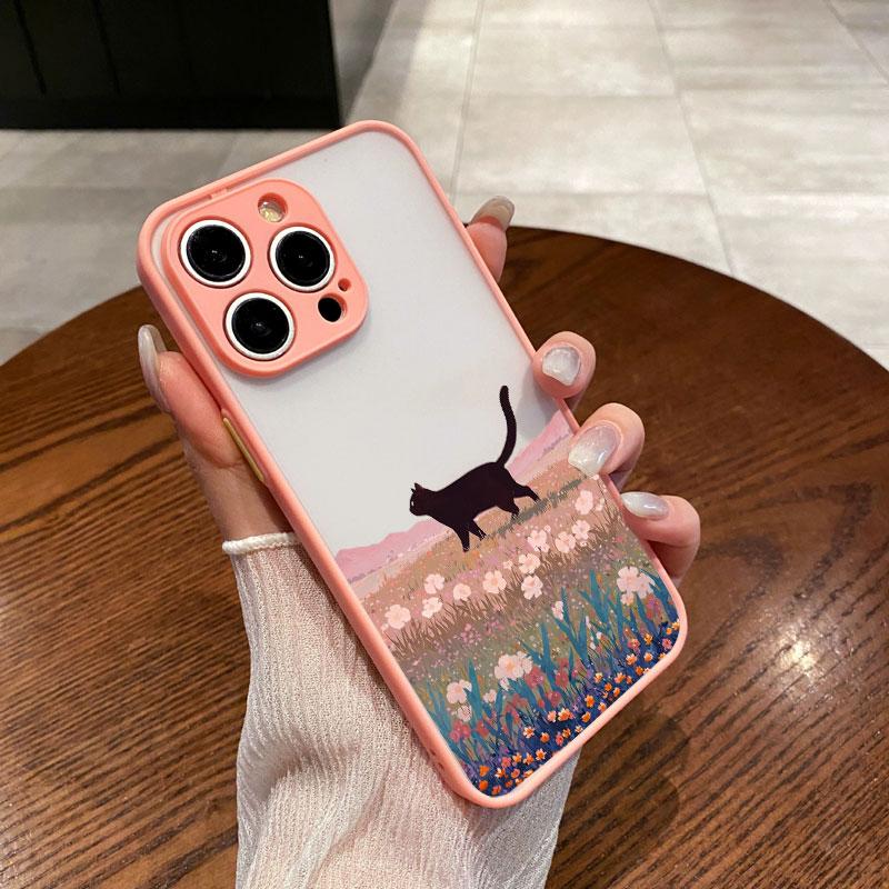 Black Cat Landscape Phone Case For iPhone 16 17 Pro Max 15 14 Pro Max Plus 13 12 Mini 11 Pro Max Cartoon Shockproof Back Covers