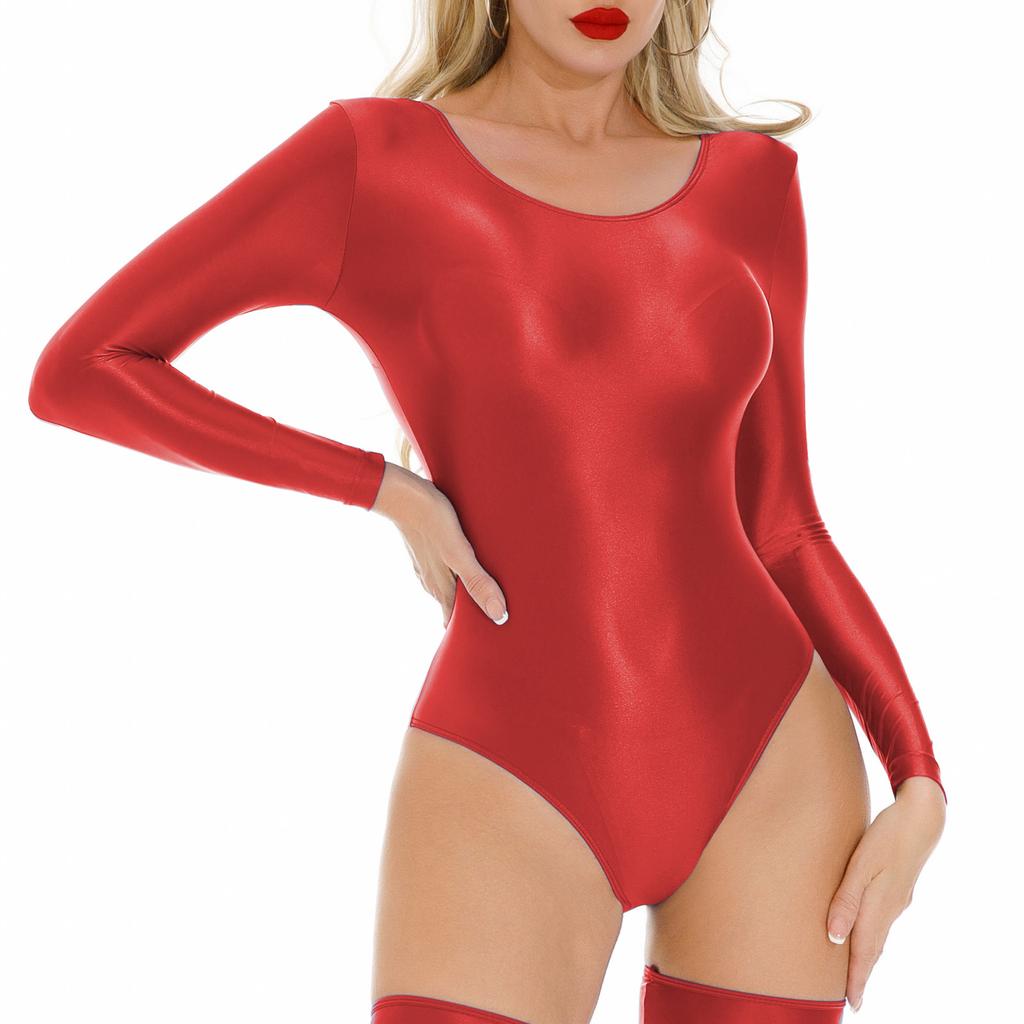 Leotardo Bodysuit Lencería Ropa de Dormir Ropa para Gimnasio de Mujer Cuello Redondo Manga Larga Brillante Elástico