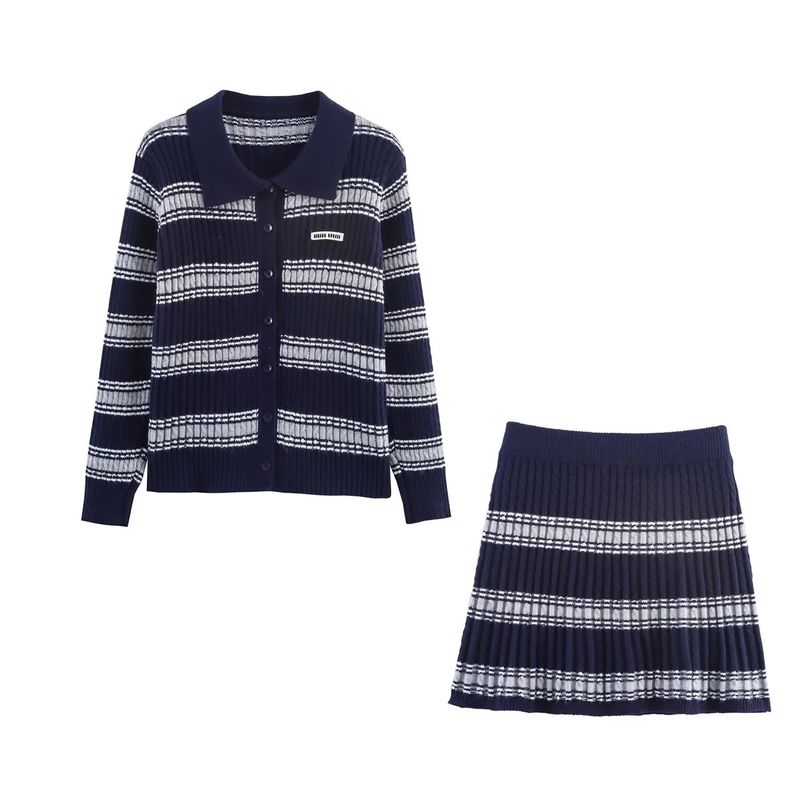 Kaslead New Women Clothes Western Style Fashion Stripe Cardigan Top Skirt Set
