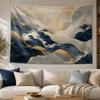 Gold Blue Wave Tapestry Japanese Ocean Art Wall Hanging Aesthetic Cloth for Bedroom Living Room Home Decor