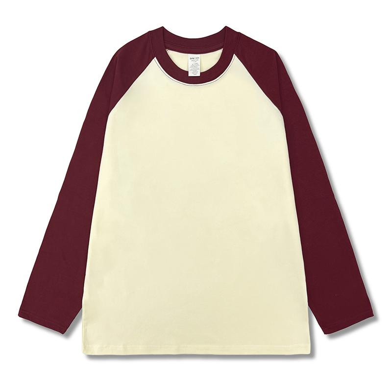 Oversize T-shirt z wkładką na ramię i długim rękawem Damski Wiosna Jesień Amerykański Blok Kolorów Koszulka Bazowa Luźny Dekolt Czysta Bawełna Top