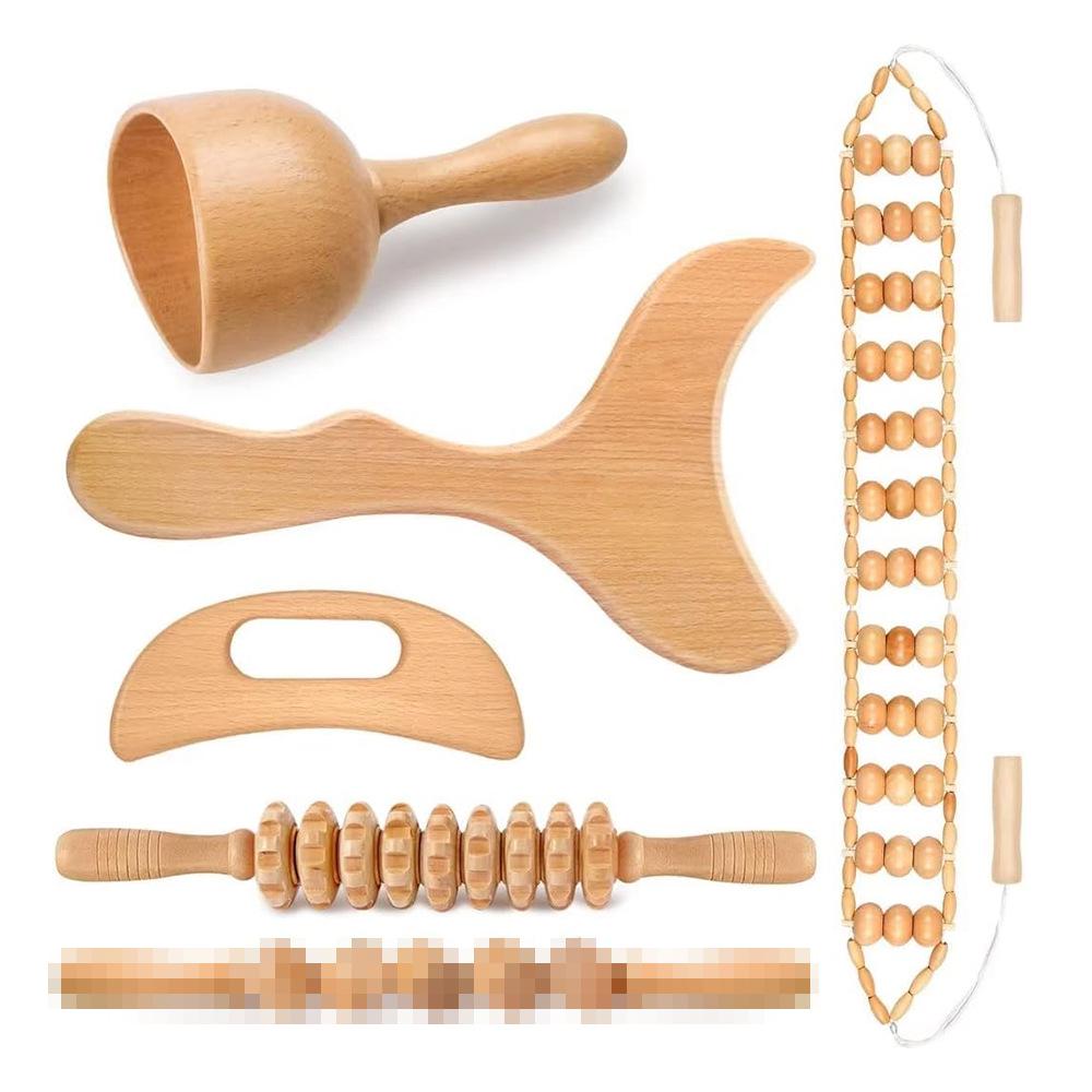 Solid Wood Meridian Massage Set: Face & Leg Gua Sha, Handheld Roller for Full Body Relief