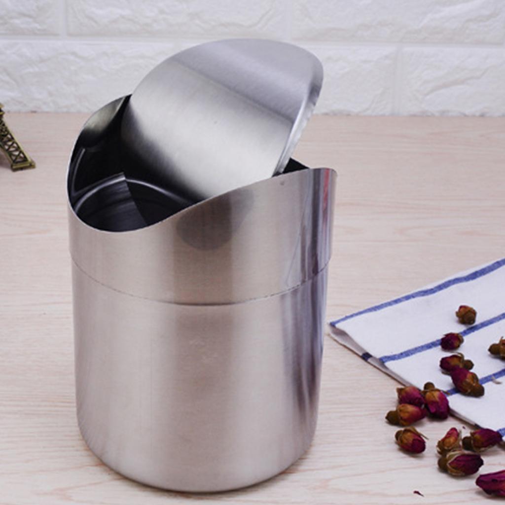 Fashion Home Office Desk Trash Bin Stainless Steels Swing Top Lid Small Waste Organizers Rubbish Can For Tight Space