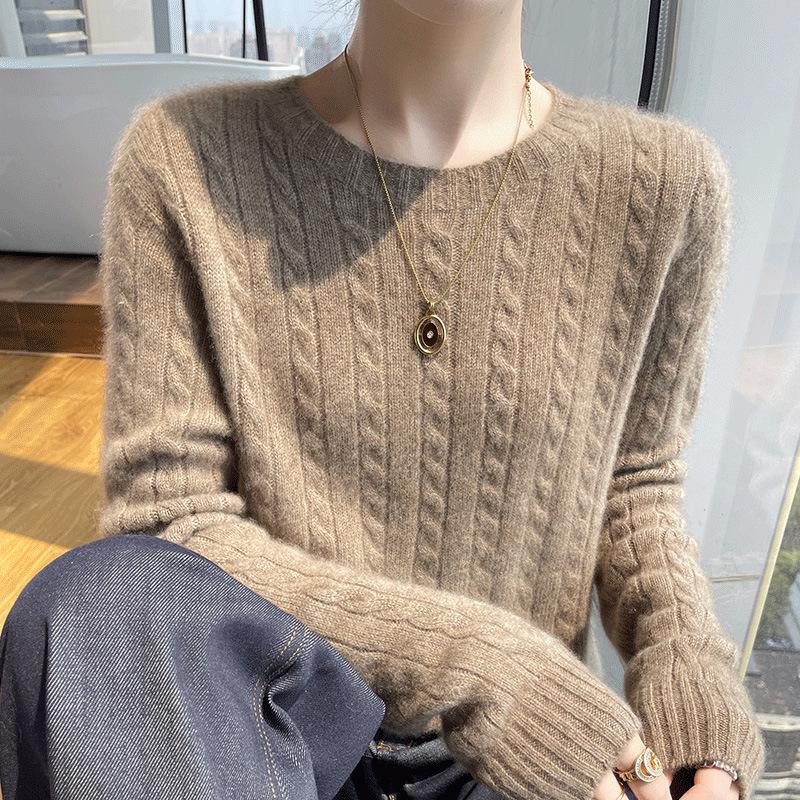 Women's 100% Pure Wool Cable Knit Sweater – Autumn/Winter Loose Fit with Round Neck, Fashionable and Versatile Knit Base Layer.