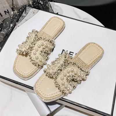 Summer New Shoes for Women Slipper Outdoor Flax Weaving Casual Sandals Girl Street Fashion Pearl Slides