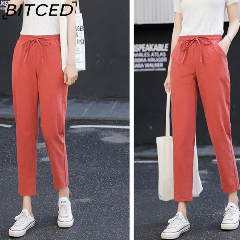 BITCED 9 Color Pure Cotton Nine Point Trousers Spring Summer Slim Straight Loose Casual Pants Women Solid Color Harem Pants