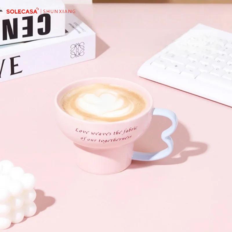 SOLECASA Ceramic Mugs with Creative Handle Pink Blue Coffee Cup & Saucer Set Afternoon Tea Coffee Latte Cups Home Coffee Mug Set