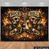 2D Plane Rock "RO N ROLL" Theme Background Fabric - Featuring Flames and Electric Guitars, Polyester