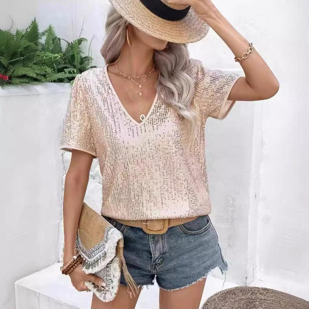 Summer Women's Sexy Solid Color Sequin V-neck Short Sleeved Loose Fitting Women's T-shirt