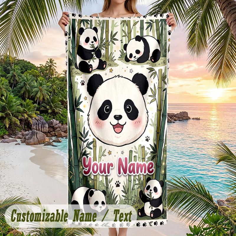 Panda Bamboo Forest Adventure Theme Quick Dry Beach Towel Custom Name Text Print Large Sand Resistant Towel Beach Vacation