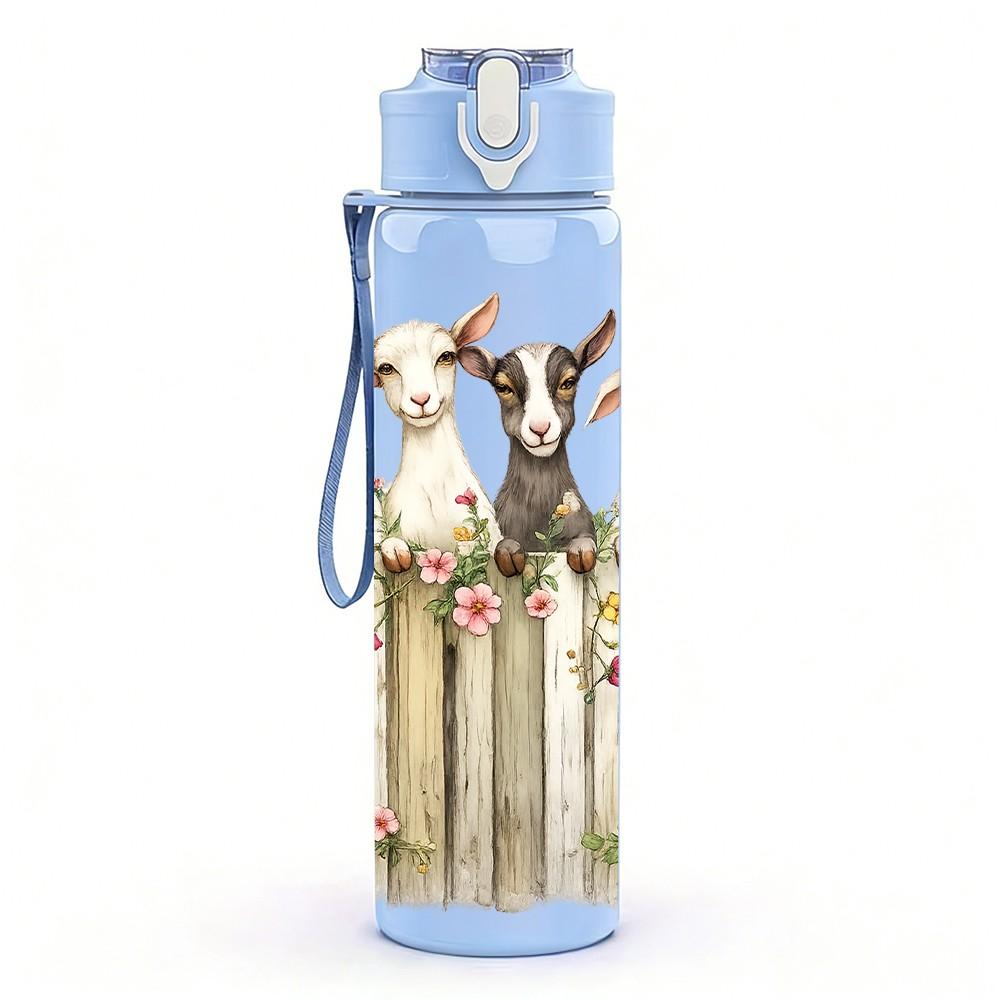 1PC Farm Goat Sheep Wooden Fence Scene Print 750ml Color Plastic Sports Water Bottle Leakproof Flip Straw Lid Suitable for Sports Office Home Use