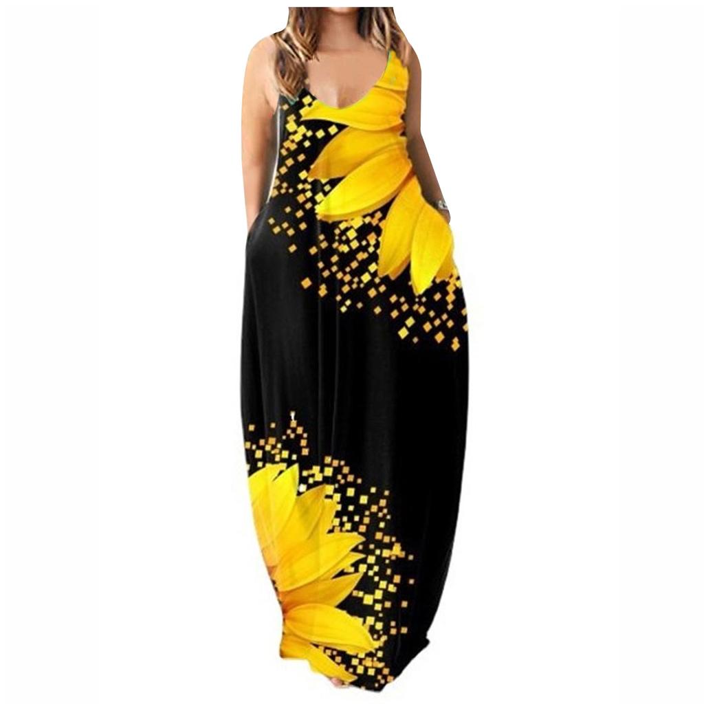 Women's Casual Summer Printed Spaghetti Strap Maxi Dress Loose Fit Sleeveless Long Dress with Pockets Lightweight Comfortable