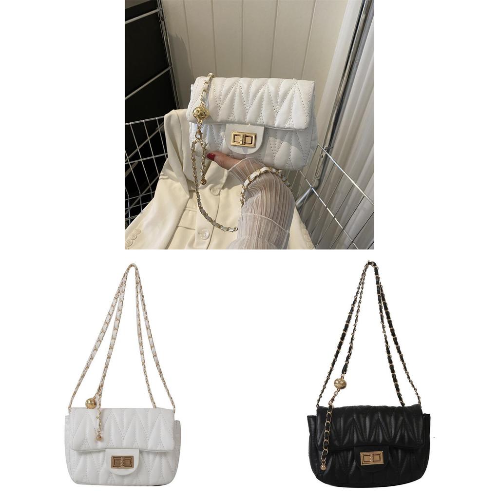Womens Trendy Square Chain Shoulder Bag With Embroidered Lines For Daily Use