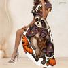 Women Plus Size Round Neck Short Sleeve Printed A Line Long Dress Halloween Raccoon Pumpkin Pattern