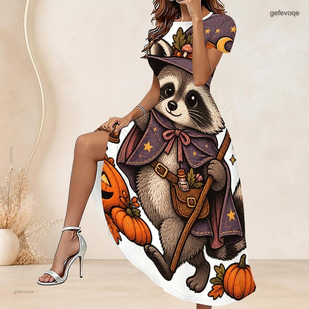Women Plus Size Round Neck Short Sleeve Printed A Line Long Dress Halloween Raccoon Pumpkin Pattern