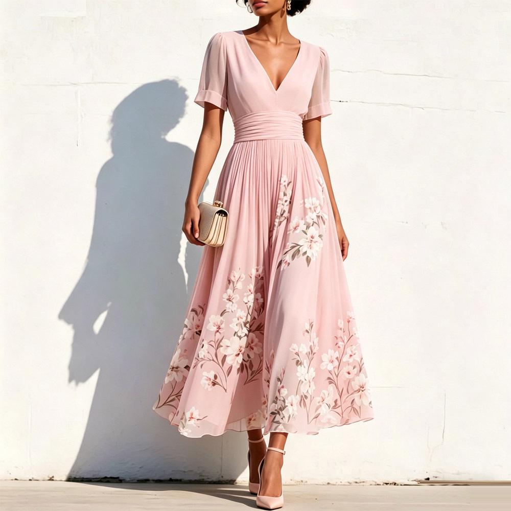 Women's V-Neck Floral Long Sleeve Pleated Dress 2026