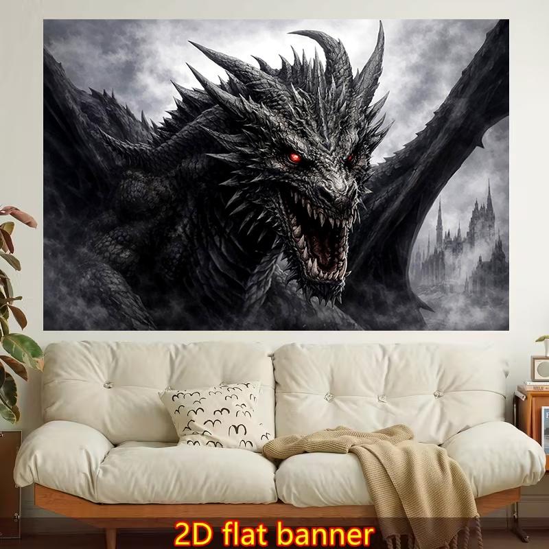 A Single Piece of Trendy 2D Flat Wall Tapestry Featuring a Fierce Dragon with Red Eyes And a Dark Castle. It Boasts Vibrant Aesthetics, Making It Idea