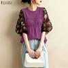 Women Casual Round Neck Loose Floral Print Splice 3/4 Sleeve Blouse