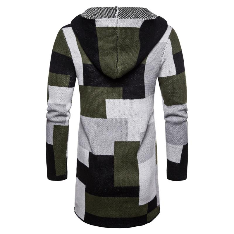 New Men's Sweater Casual Color-block Midi Thickened Hooded Knitted Cardigan Jacket