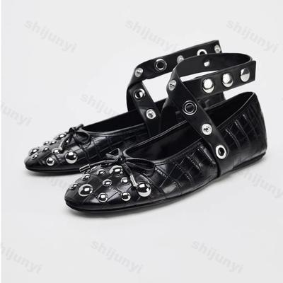Women Fashion Rivet Ballet Flats Bow Decoration Punk Style Soft Leather Strap Mary Jane Shoes for Women Cozy Dance Casual Shoes