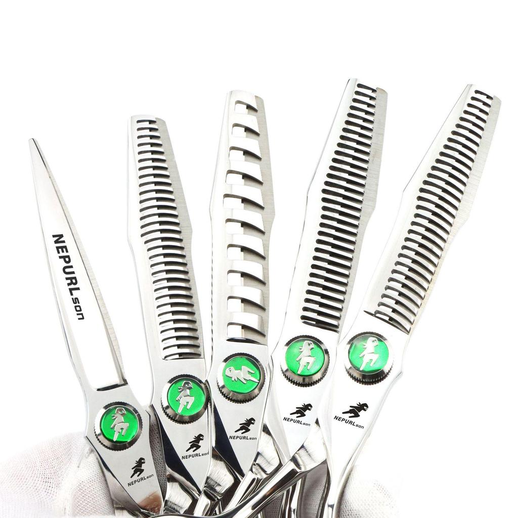 6.0-Inch Serrated Green Gem Hairdressing Scissors - Straight Shears with Antler Fishbone Design