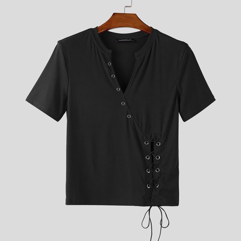 INCERUN Men V Neck Short Sleeve Bandage Rib Casual Fitted Short T-shirts Tops