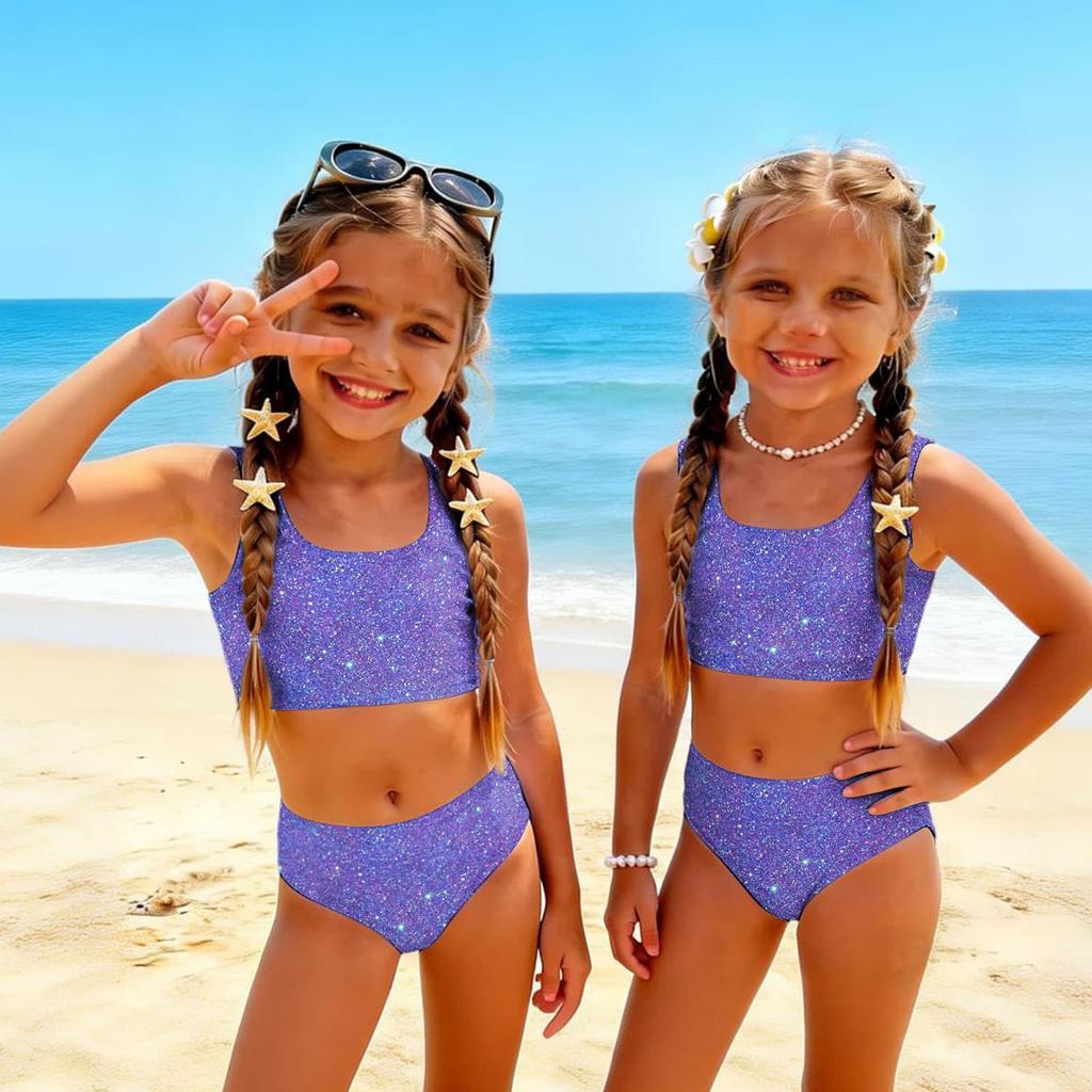 Costume da Bagno Due Pezzi per Bambina Set Top Corto Senza Maniche con Stampa di Paillettes e Slip a Vita Alta Costumi da Bagno per Bambini Estate Abbigliamento da Spiaggia